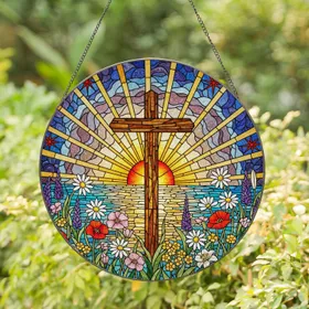 Rustic Wooden Cross Wildflowers Tiffany Stained Glass Sunrise Sunset Water Scene Stained Glass Suncatcher