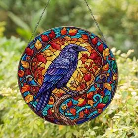 Majestic Raven Tiffany Stained Glass - Intricate Autumn Foliage Mosaic Jewel Tones Stained Glass Suncatcher