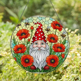 Garden Gnome Poppies Bumblebees Stained Glass - Glowing Home Decor Accent Gift Stained Glass Suncatcher