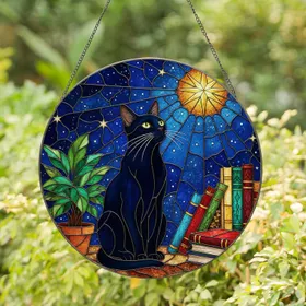 Sleek Black Cat Glowing Star Tiffany Glass - Potted Plant Stacked Books Starry Night Decor Stained Glass Suncatcher