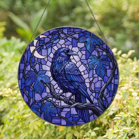 Iridescent Raven Stained Glass Art Crescent Moon Night Sky Jewel Tones Gnarled Tree Branch Stained Glass Suncatcher