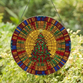 Tiffany Style Stained Glass Christmas Tree with Luminous Star - Holiday Window Decor Gift Stained Glass Suncatcher
