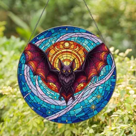 Intricate Stained Glass Bat Crescent Moon Cosmic Night Sky Tiffany Jewel Tone Window Art Stained Glass Suncatcher