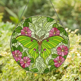 Lime Green Luna Moth Pink Flowers Stained Glass Tiffany Mosaic Jewel Tones Feathery Antennae Stained Glass Suncatcher
