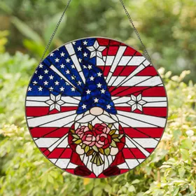 Patriotic Gnome American Flag Stars Stained Glass Mosaic - 4th of July Home Decor Stained Glass Suncatcher