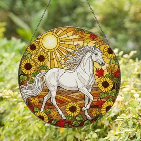 White Horse Sunflowers Autumn Leaves Tiffany Stained Glass Sun & Rolling Hills Stained Glass Suncatcher