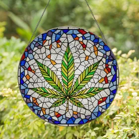 Cannabis Leaf Seven Lobes Stained Glass Tiffany Mosaic Intricate Veins Fractured Glass Stained Glass Suncatcher
