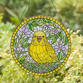 Plump Yellow Parakeet Budgerigar Stained Glass Chickodee Tiffany Style Garden Foliage Stained Glass Suncatcher