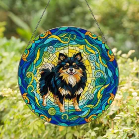 Fluffy Black Tan Pomeranian Dog Tiffany Style Stained Glass Mosaic Art Jewel Tones Stained Glass Suncatcher