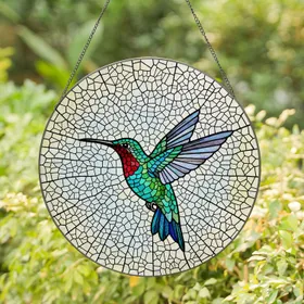 Ruby-Throated Hummingbird Stained Glass - Tiffany Style Mosaic with Iridescent Jewel Tones Stained Glass Suncatcher