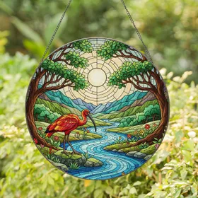 Scarlet Ibis Stained Glass River Mountains Moon Tiffany Art Wildlife Window Decor Stained Glass Suncatcher