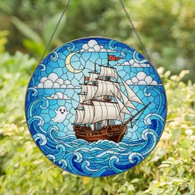 Tall Ship Ghost Crescent Moon Tiffany Stained Glass - Ocean Mosaic Sea Nautical Art Stained Glass Suncatcher