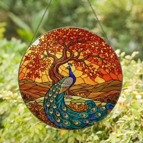 Majestic Peacock Tiffany Stained Glass Suncatcher - Autumn Tree, Hills & Luminous Moon
