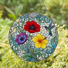 Red Poppy Yellow Hibiscus Anemone Hummingbird Detailed Floral Stained Glass Mosaic Stained Glass Suncatcher