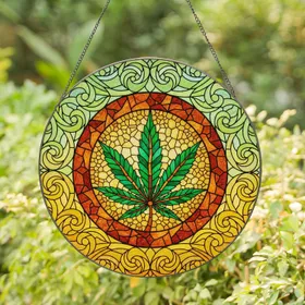 Intricately Veined Cannabis Leaf Stained Glass Full Frame Mosaic Art Jewel Tones Stained Glass Suncatcher