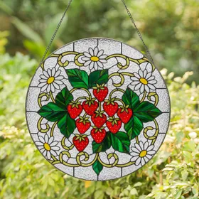 Red Strawberries White Daisy Flowers Golden Vines Tiffany Glass Mosaic Jewel Tone Stained Glass Suncatcher