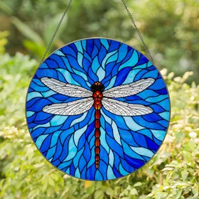 Intricate Dragonfly Tiffany Stained Glass Mosaic Blue Water Sky Glowing Jewel Tones Stained Glass Suncatcher