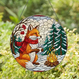 Stained Glass Fox Hot Cocoa Campfire Winter Forest - Red Berries Conifer Trees Stained Glass Suncatcher