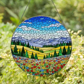 Tiffany Style Stained Glass Wildflower Meadow Landscape Blue Sky Clouds Rolling Hills Stained Glass Suncatcher