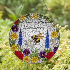 Bumblebee Chrysanthemum Flowers Tiffany Glass Jewel Tones - Nana's Hive Love Gift for Nana Stained Glass Suncatcher