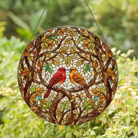 Stained Glass Songbirds on Branch with Autumn Spring Foliage - Detailed Tiffany Art Stained Glass Suncatcher