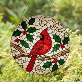 Male Cardinal Stained Glass Art with Holly Leaves & Red Berries, Tiffany Mosaic Style Stained Glass Suncatcher