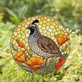 California Quail Red Poppy Stained Glass Mosaic Art - Tiffany-Style Jewel Tone Decor Stained Glass Suncatcher
