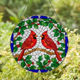 Two Northern Cardinals Stained Glass Mosaic Art - Colorful Tiffany Jewel Tone Decor Stained Glass Suncatcher