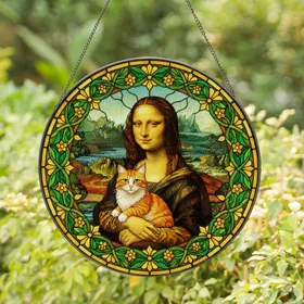 Mona Lisa Cat Tiffany Stained Glass - Intricate Da Vinci Mosaic Landscape Jewel Tones Stained Glass Suncatcher