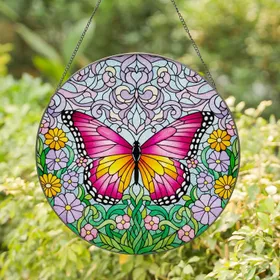 Tiffany Stained Glass Butterfly Pink Purple Yellow Flowers Intricate Mosaic Art Decor Stained Glass Suncatcher