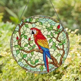 Vibrant Multi-Colored Macaw Stained Glass Art - Tiffany Style Mosaic Bird Jewel Tones Stained Glass Suncatcher