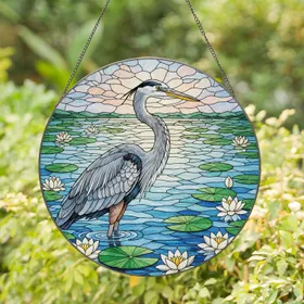 Great Blue Heron Tiffany Style Stained Glass Pond Art with Water Lilies - Wildlife Decor Stained Glass Suncatcher