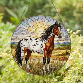 Detailed Appaloosa Horse Stained Glass Art - Tiffany Glass Prairie Sunset Horse Lover Gift Stained Glass Suncatcher