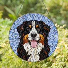 Bernese Mountain Dog Stained Glass Window Art - Tiffany Tri-Color Fur Mosaic Decor Gift Stained Glass Suncatcher