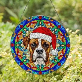 Intricate Boxer Dog Santa Hat Stained Glass Mosaic - Christmas Holiday Pet Lover Gift Stained Glass Suncatcher