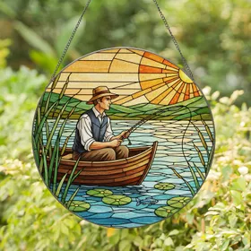 Tiffany Style Fisherman Rowboat Sunset - Stained Glass Nature Fishing Home Decor Gift Stained Glass Suncatcher