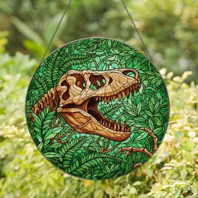Fossilized T-Rex Skull Dinosaur Claw Prehistoric Jungle Fern Mosaic Tiffany Jewel Tone Stained Glass Suncatcher