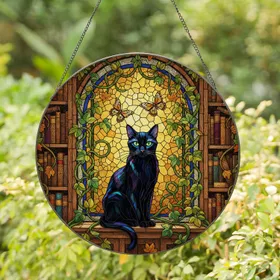 Black Cat Emerald Eyes Tiffany Glass Arched Window Bookshelves & Butterflies Vines Stained Glass Suncatcher