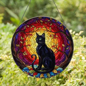 Black Cat Stained Glass Tiffany Style Sunset Sky Emerald Eyes Intricate Tree Branches Stained Glass Suncatcher