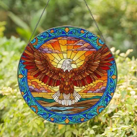 Bald Eagle Sunset Stained Glass Art - Tiffany Style with Ornate Floral Geometric Border Stained Glass Suncatcher