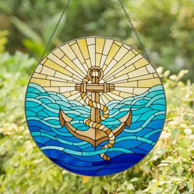 Bronze Gold Nautical Anchor Rope Ocean Waves Sky Sunburst Tiffany Style Glass Stained Glass Suncatcher