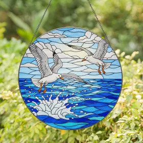 Two Seagulls Mid-Flight Ocean Waves Sky Clouds - Jewel Tone Stained Glass Art Decor Gift Stained Glass Suncatcher