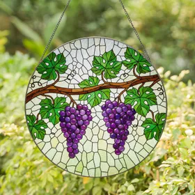 Grape Stained Glass Tiffany Art - Lush Purple Grapes Vine Leaves Mosaic Jewel Tones Stained Glass Suncatcher