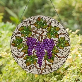 High Contrast Purple Grapes Stained Glass Art - Tiffany Style Grapevine Mosaic Design Stained Glass Suncatcher