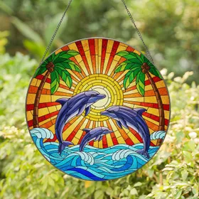 Dolphins Tropical Sunset Ocean Waves Palm Trees Tiffany Style Stained Glass Gift Stained Glass Suncatcher