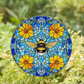 Bumblebee Tiffany Stained Glass Floral Mosaic - Jewel Tones Sky Blue Suncatcher Art Stained Glass Suncatcher