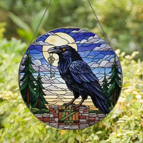 Black Raven Iridescent Feather Skeleton Key - Full Moon Stained Glass Twilight Art Stained Glass Suncatcher