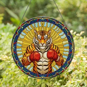 Muscular Tiger Red Boxing Gloves Stained Glass Fierce Gaze - Ornate Tiffany Style Mosaic Art Stained Glass Suncatcher