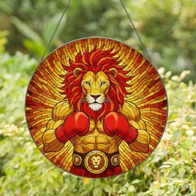 Fierce Boxing Lion Stained Glass Art - Anthropomorphic Fighter Champion Tiffany Style Stained Glass Suncatcher