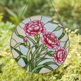 Three Pink Carnation Flowers Tiffany Glass Mosaic Art, Ruffled Petals, Green Leaves, Crackled Stained Glass Suncatcher